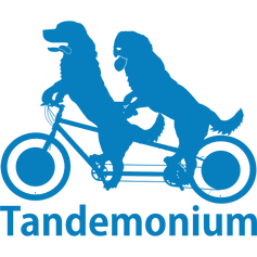 Tandemonium's logo: a light blue silhouette of two dogs riding a tandem bicycle, over the word 'Tandemonium'